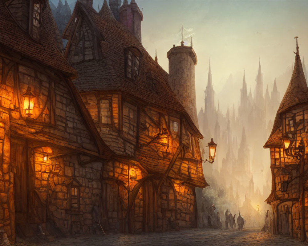Medieval cobblestone street at twilight with glowing lanterns