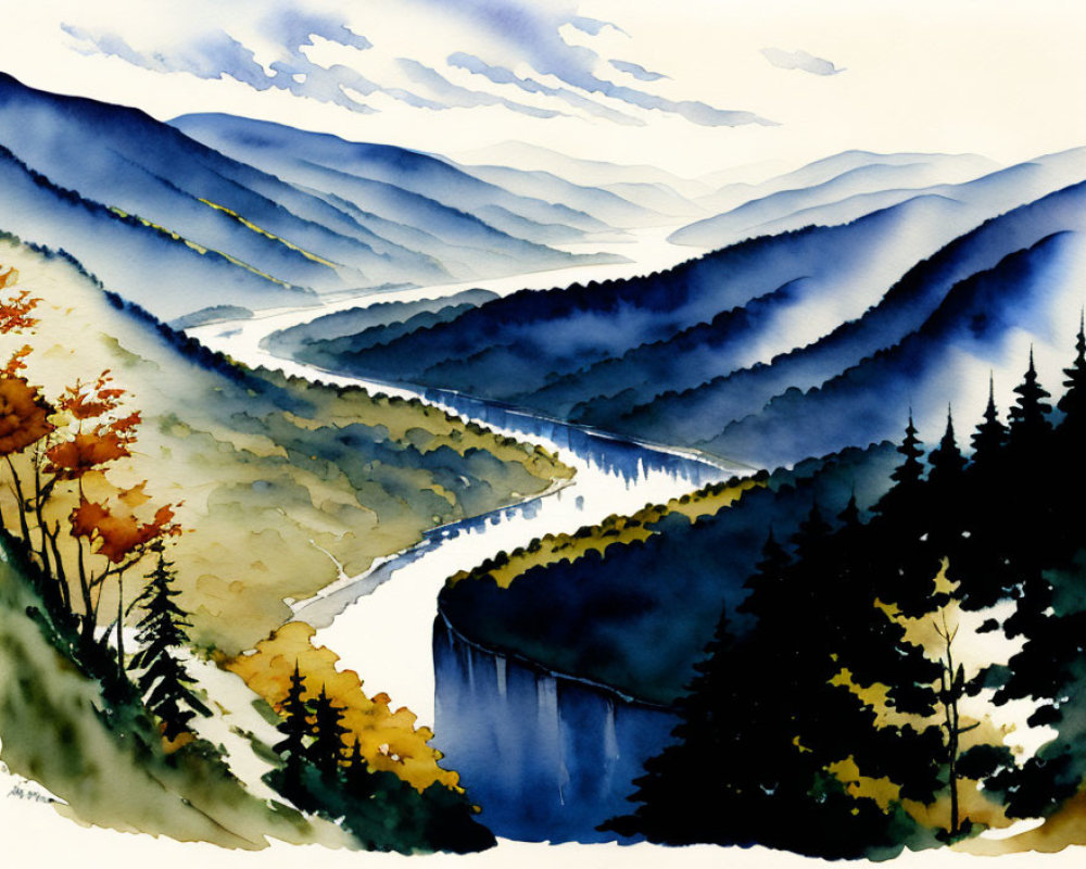 Scenic Watercolor Painting of Winding River and Blue Mountains