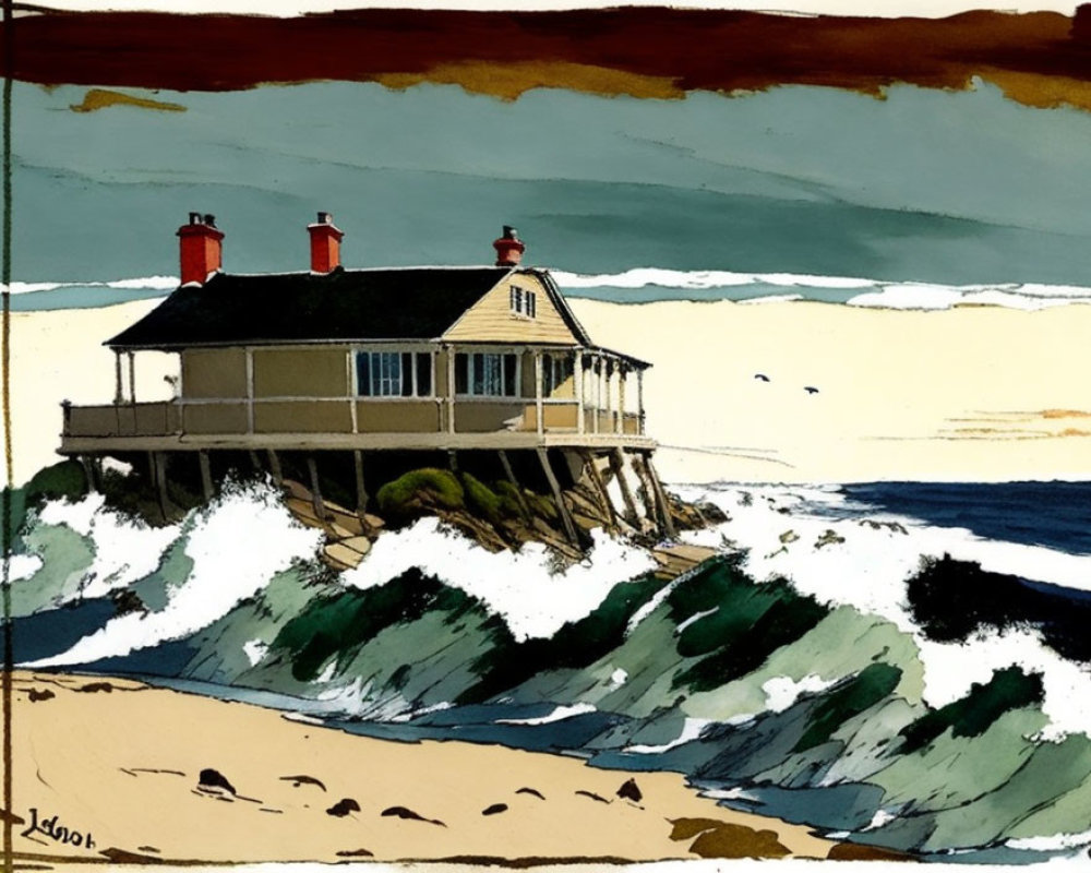 Illustration: Beach house on stilts above crashing waves