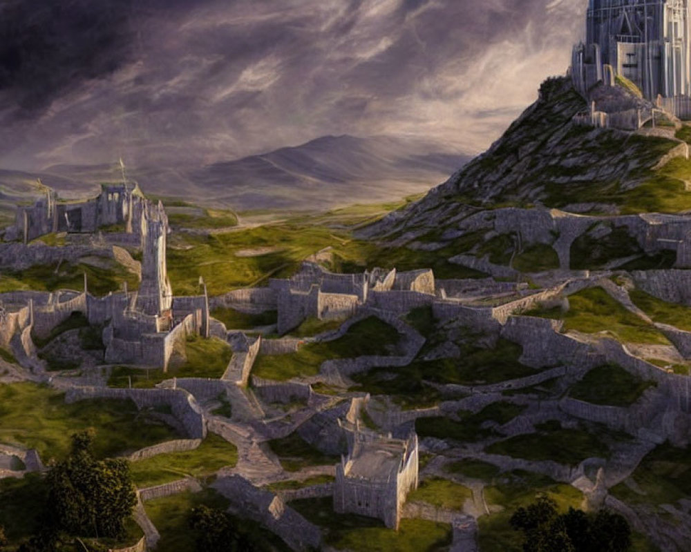 Majestic castle and ancient city ruins in dramatic fantasy landscape