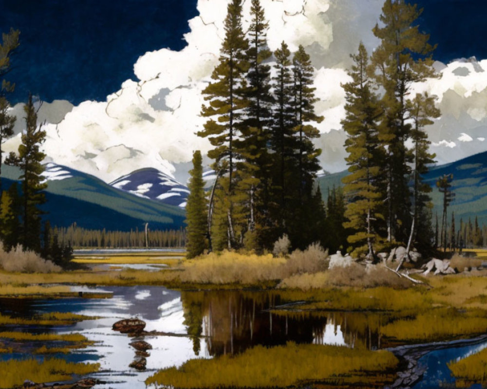 Tranquil landscape with reflective water, vibrant grasses, coniferous trees, cloudy sky.