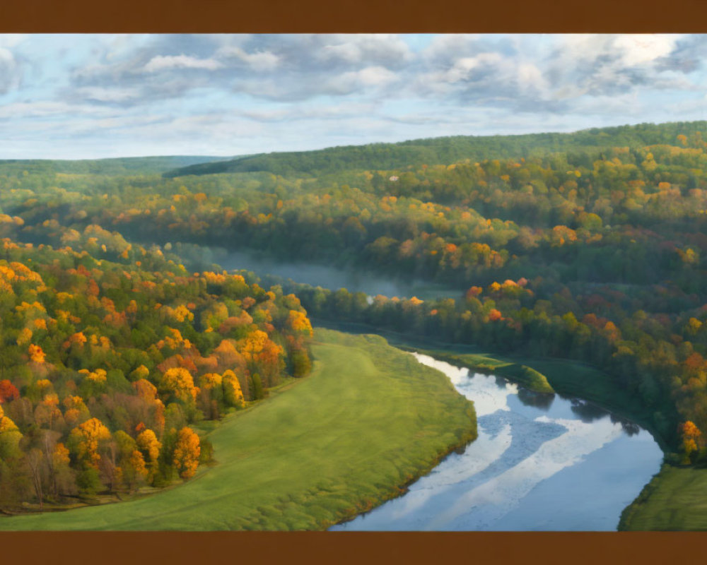 Aerial view of meandering river in autumn forest with orange and yellow trees