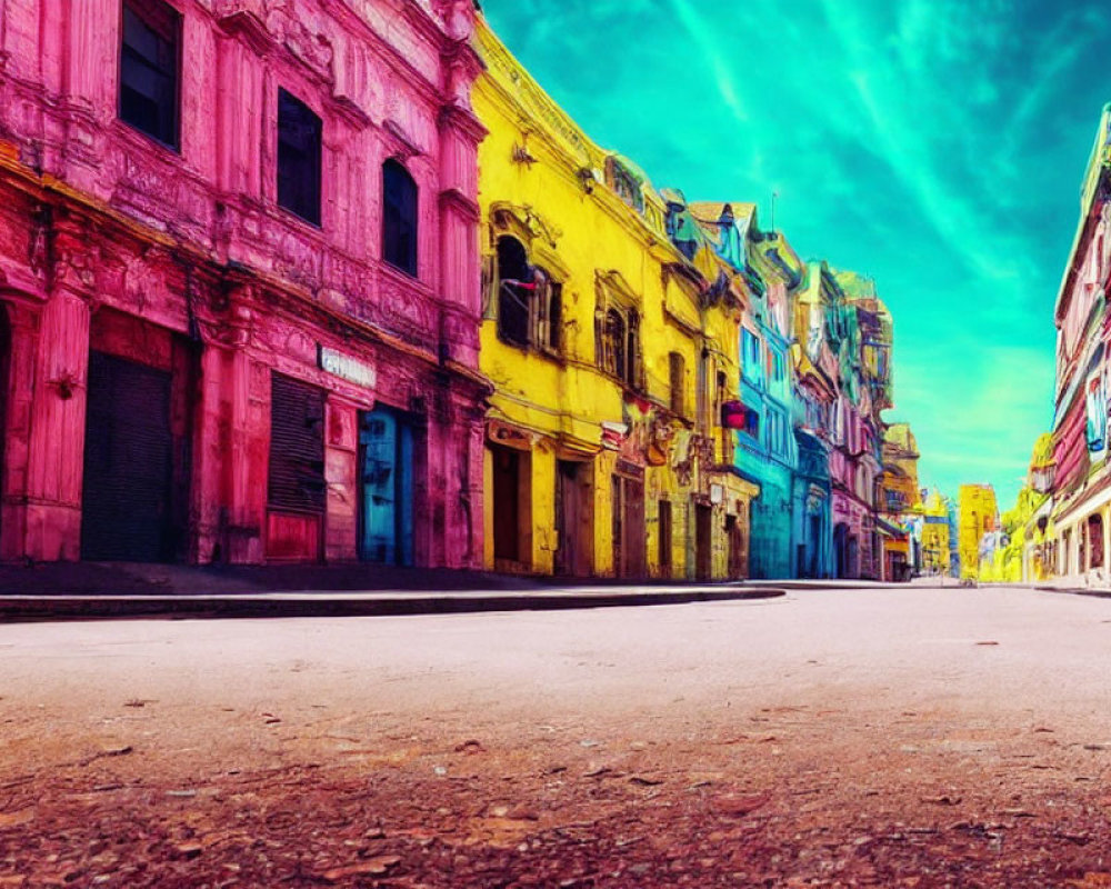 Colorful street scene with bright old buildings under teal sky