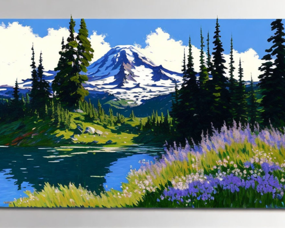 Mountainous Landscape Painting with Snow-Capped Peak and Blue Lake