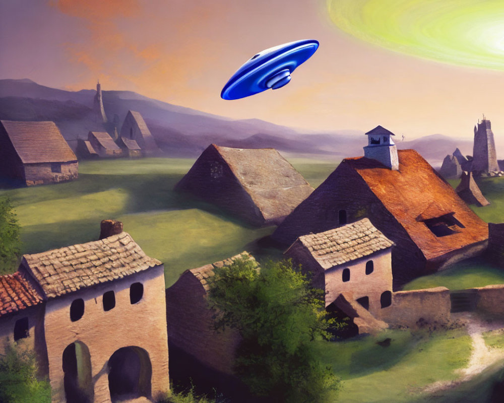 Surreal landscape with rustic houses, swirling green sky, and flying saucer