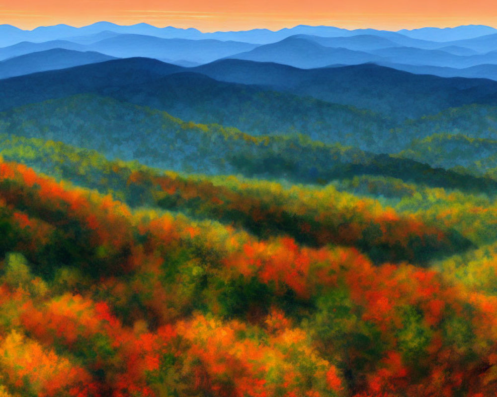 Colorful Autumn Landscape with Rolling Hills and Blue Mountains