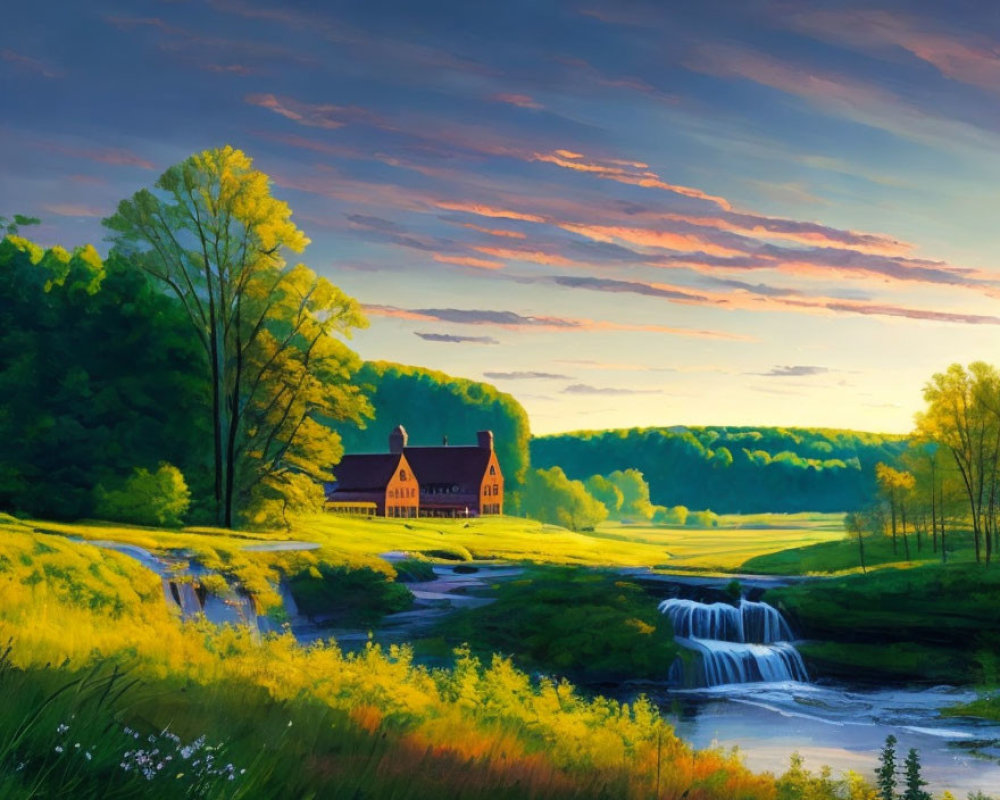 Tranquil landscape with waterfall, river, greenery, house, sunset