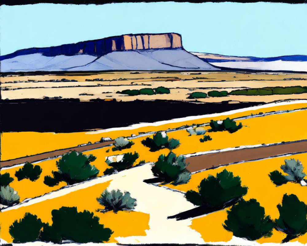 Desert landscape painting with yellow roads and mesa under blue sky