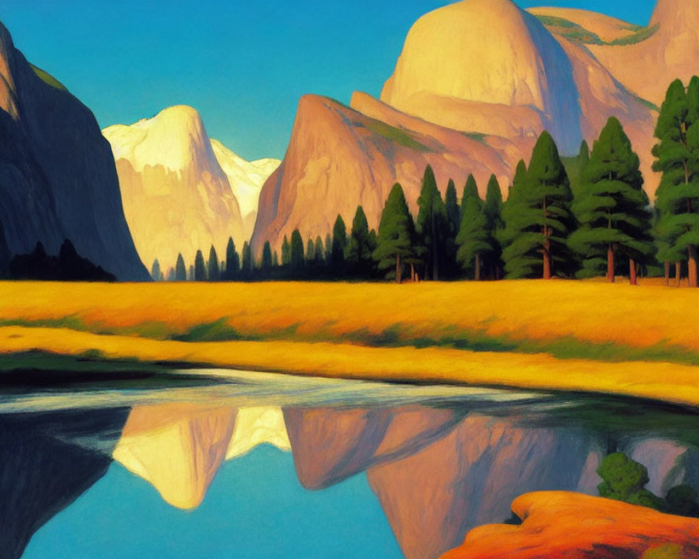 Scenic landscape painting of river, mountains, trees, and sky