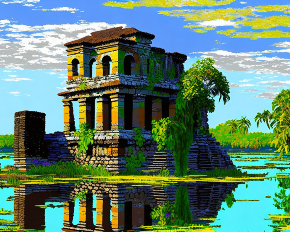 Ancient Ruin Pixel Art: Overgrown by Lake, Vibrant Foliage, Blue Sky