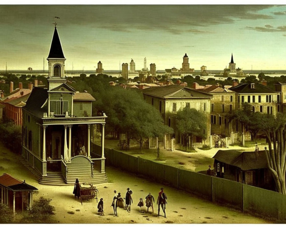 Vintage-style painting of town scene with grand house, people, horses, and towers.