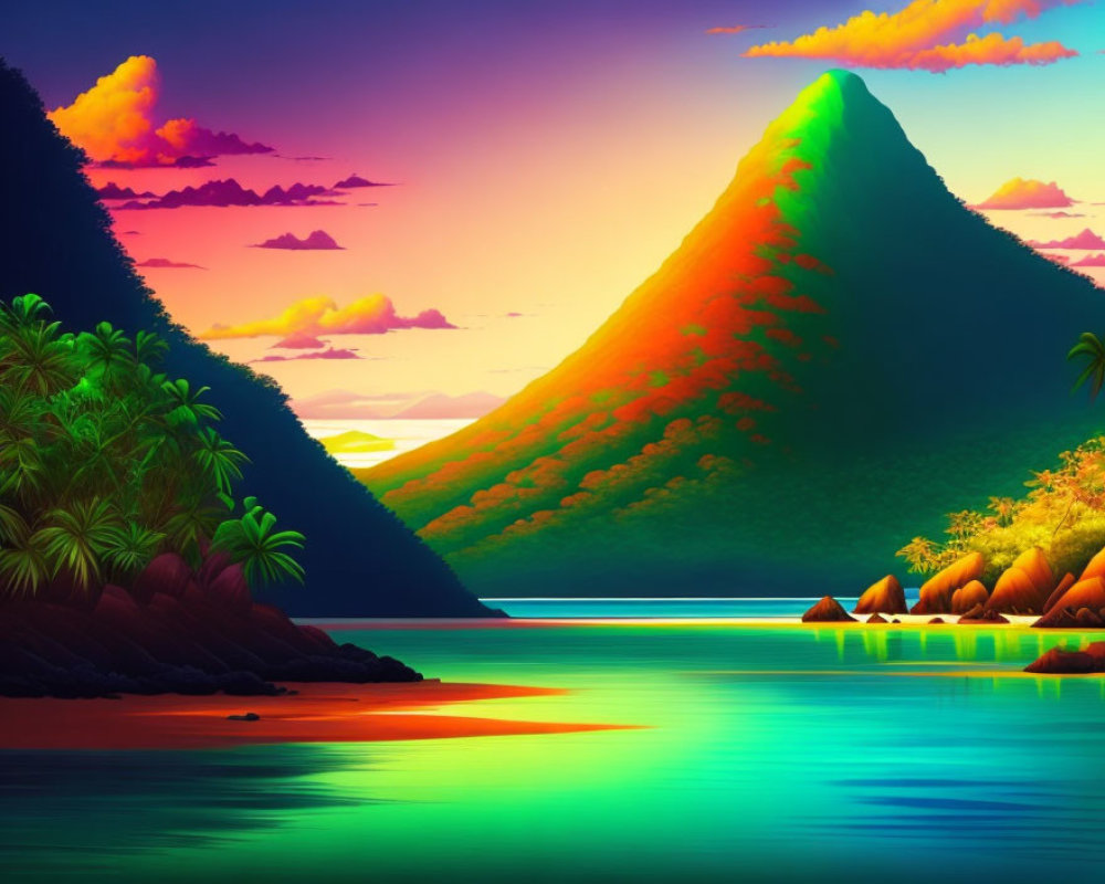 Tropical sunset digital artwork with vivid colors and beach landscape