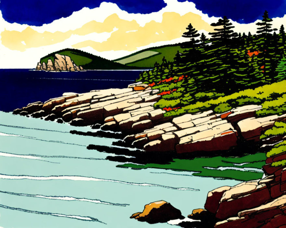 Scenic illustration: rocky coastline, pine trees, calm sea, clear sky