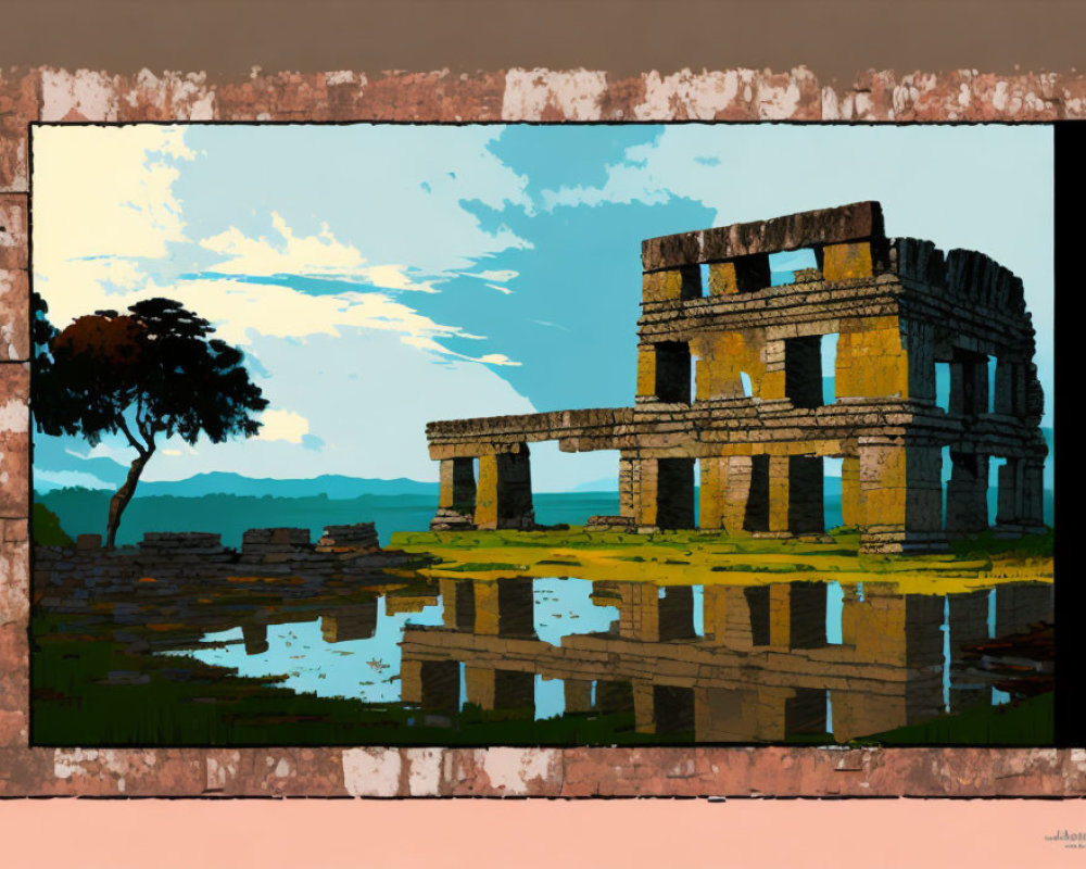 Ancient stone structure by water at sunset with reflections, tree, and colorful sky