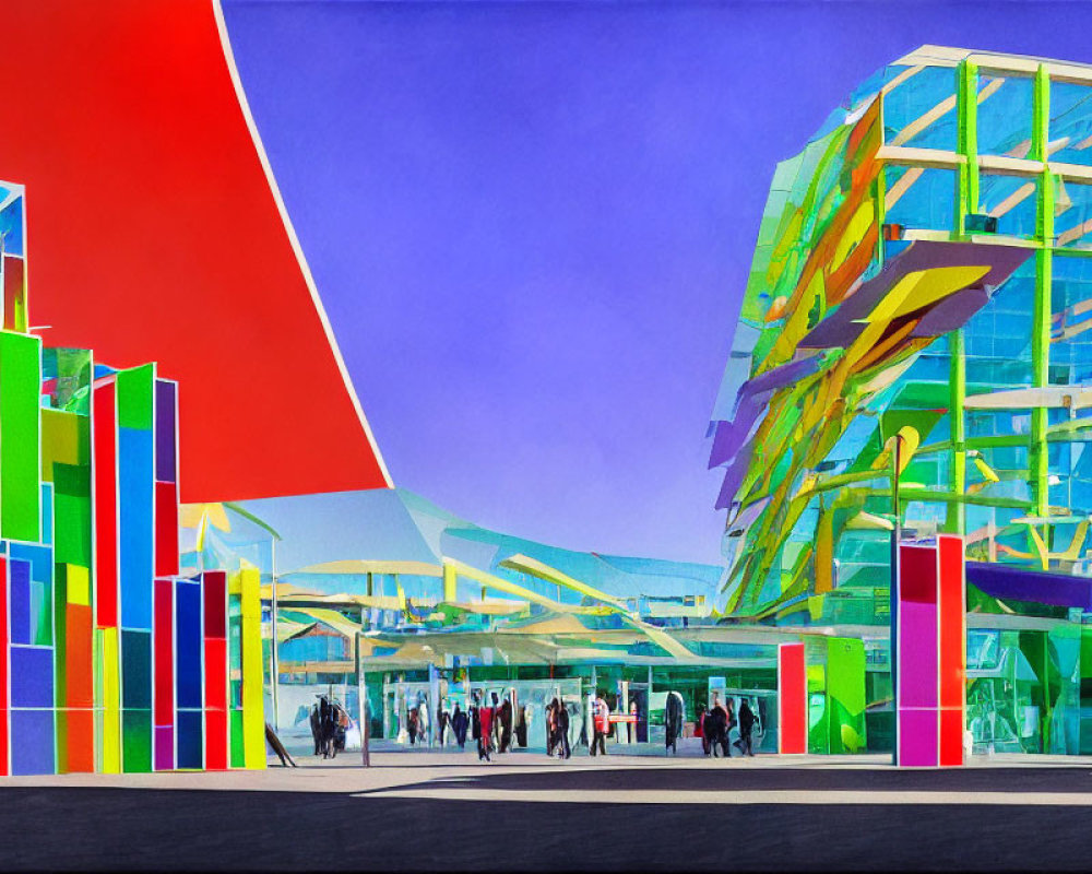 Colorful Urban Plaza Illustration with Abstract Architecture & Geometric Patterns