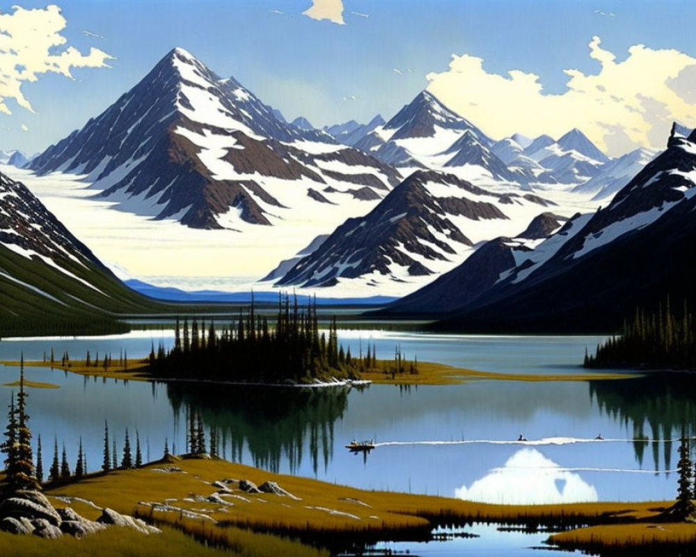 Tranquil landscape: serene lake, island, snow-capped mountains