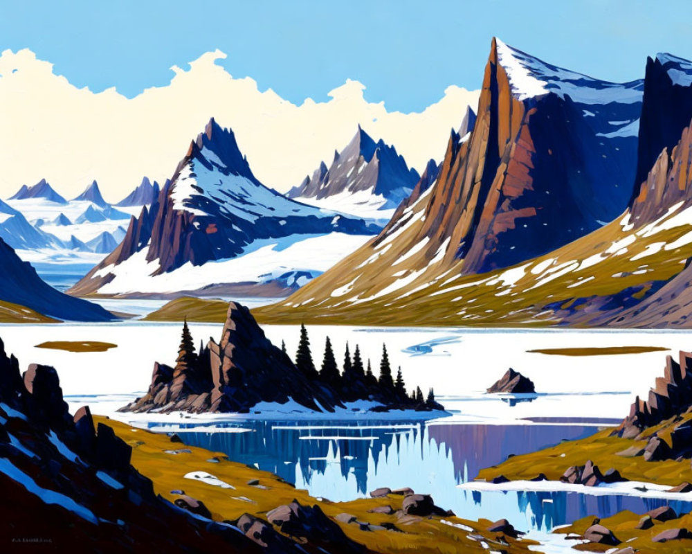 Stylized landscape with serene lake, pine trees, mountains, and blue sky