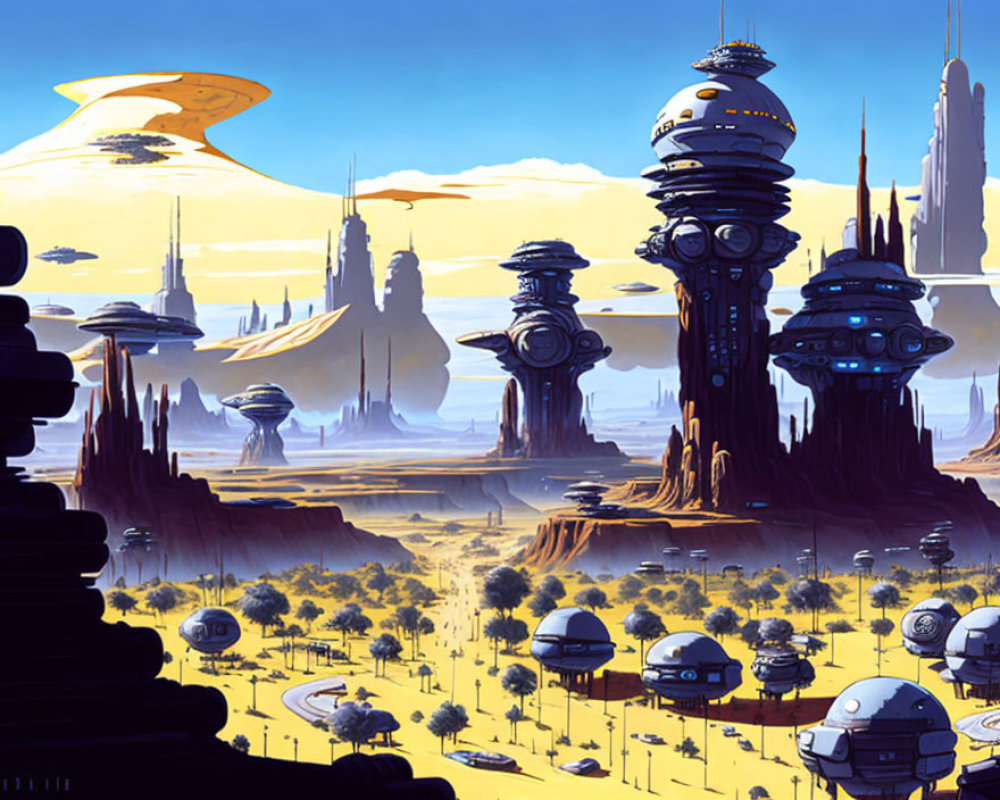 Futuristic cityscape with towering spires in desert-like landscape