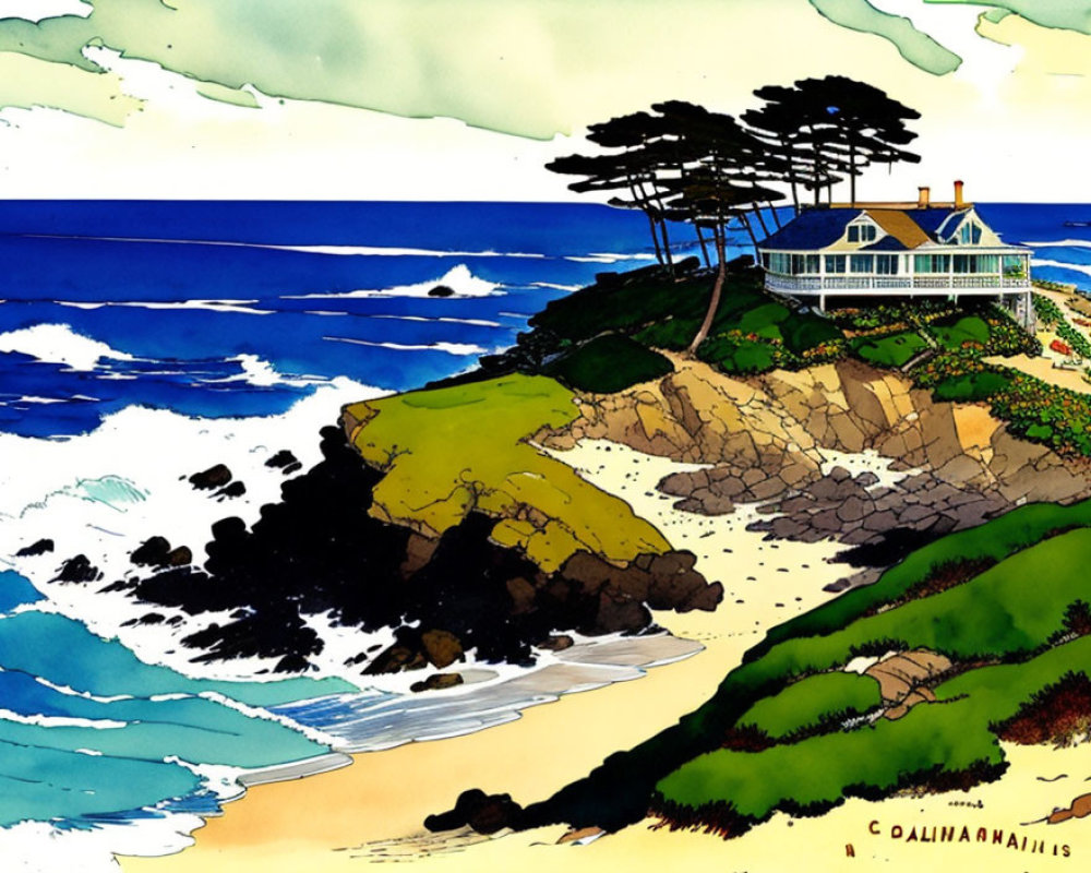 Victorian-style house on rocky cliff overlooking beach and ocean