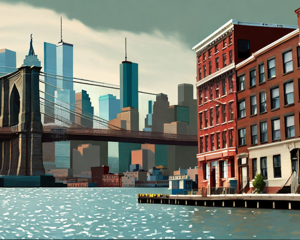 Digital artwork of vibrant waterfront cityscape with bridge & skyscrapers