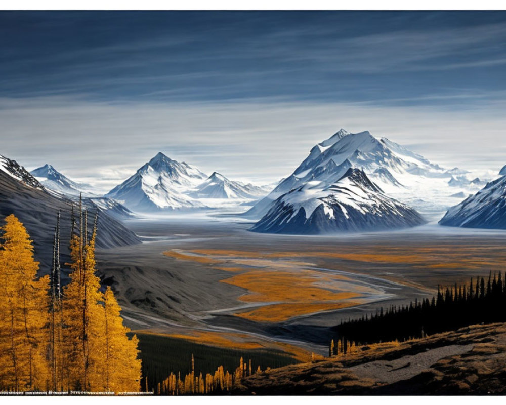 Snow-capped mountains above valley with autumn trees under blue sky