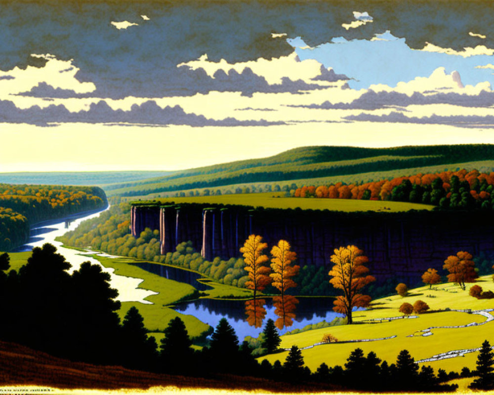 Scenic landscape with river, autumn trees, fields, cliffs, and vibrant sky