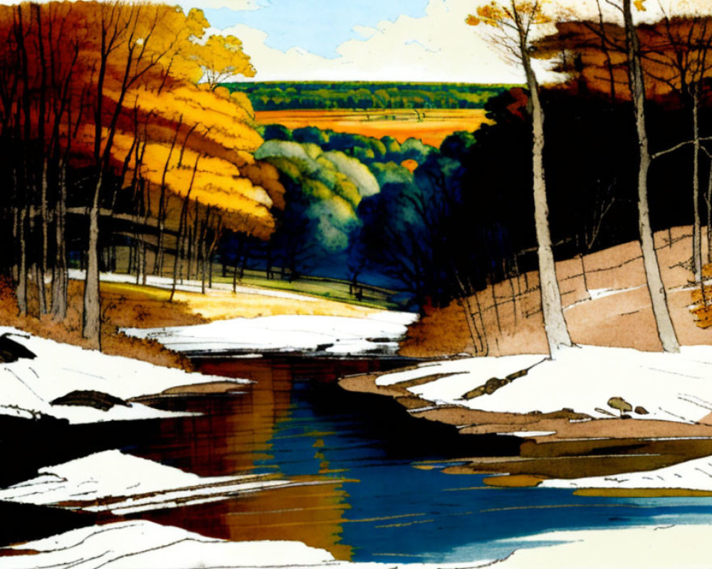 Serene landscape watercolor painting with stream, snow, autumn trees