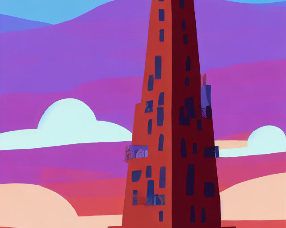 Vibrant red tower with spire in front of purple mountains at sunset