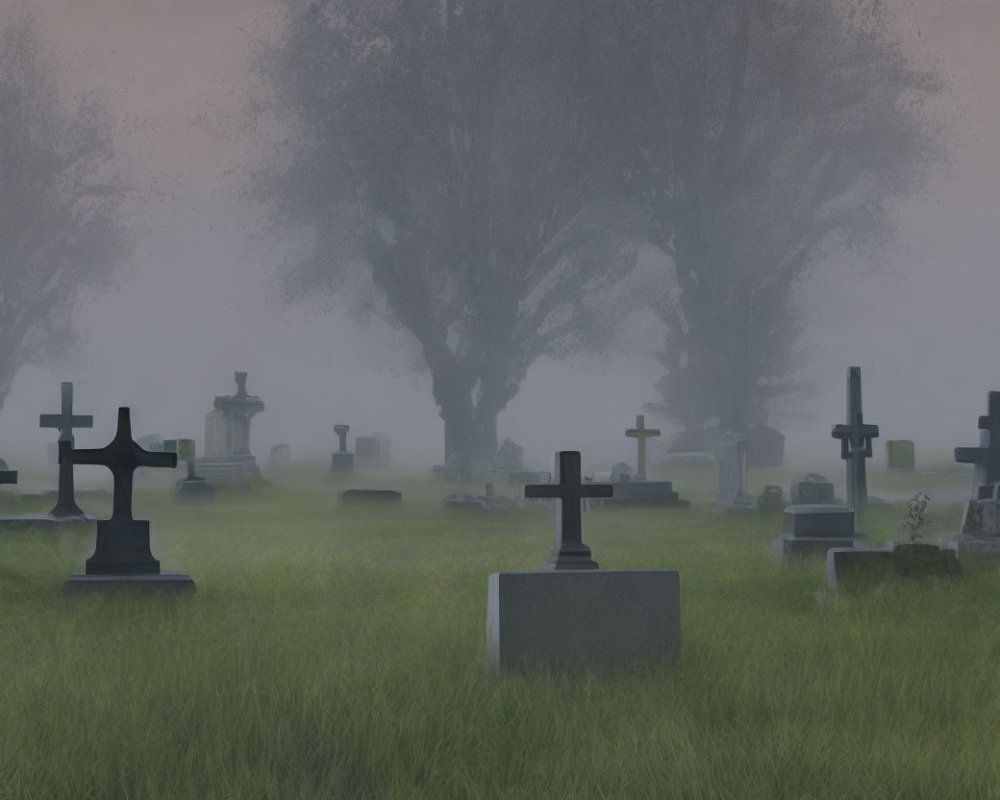 Misty Cemetery with Crosses and Tombstones in Dusk or Dawn