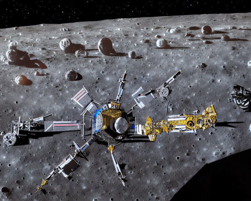 Composite Image: Spacecraft and Modules Orbiting Lunar Surface