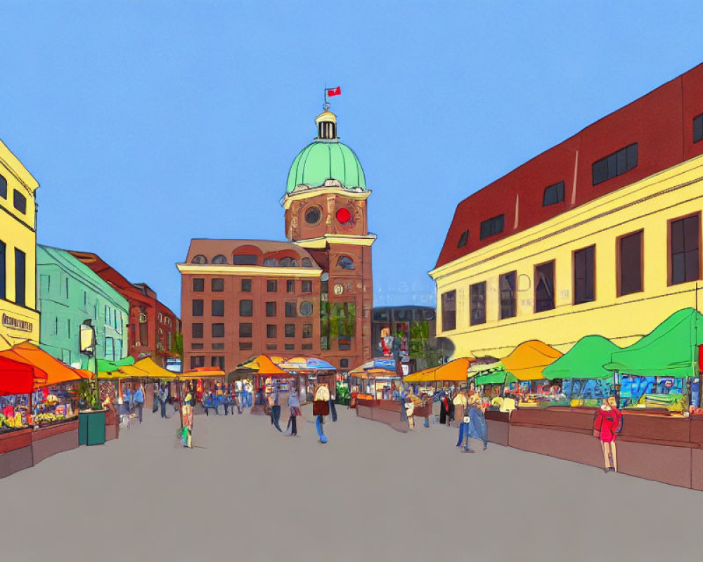 Colorful Street Market Scene with Dome Architecture Under Clear Sky