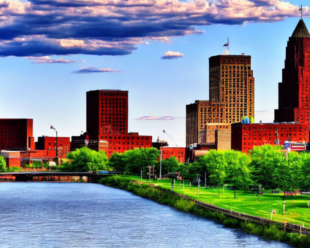 Cityscape with skyscrapers, river, greenery, and blue sky