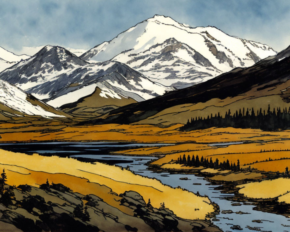 Mountainous Landscape with Snow-Capped Peaks and River in Stylized Illustration