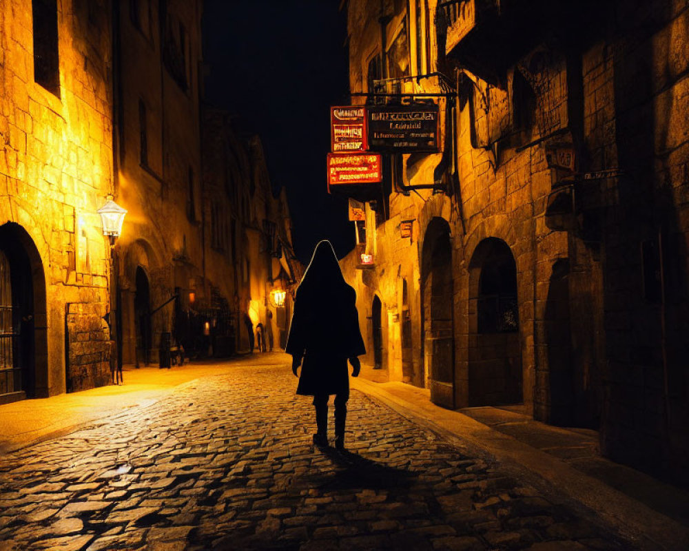 Solitary figure walking on dimly lit cobblestone street at night