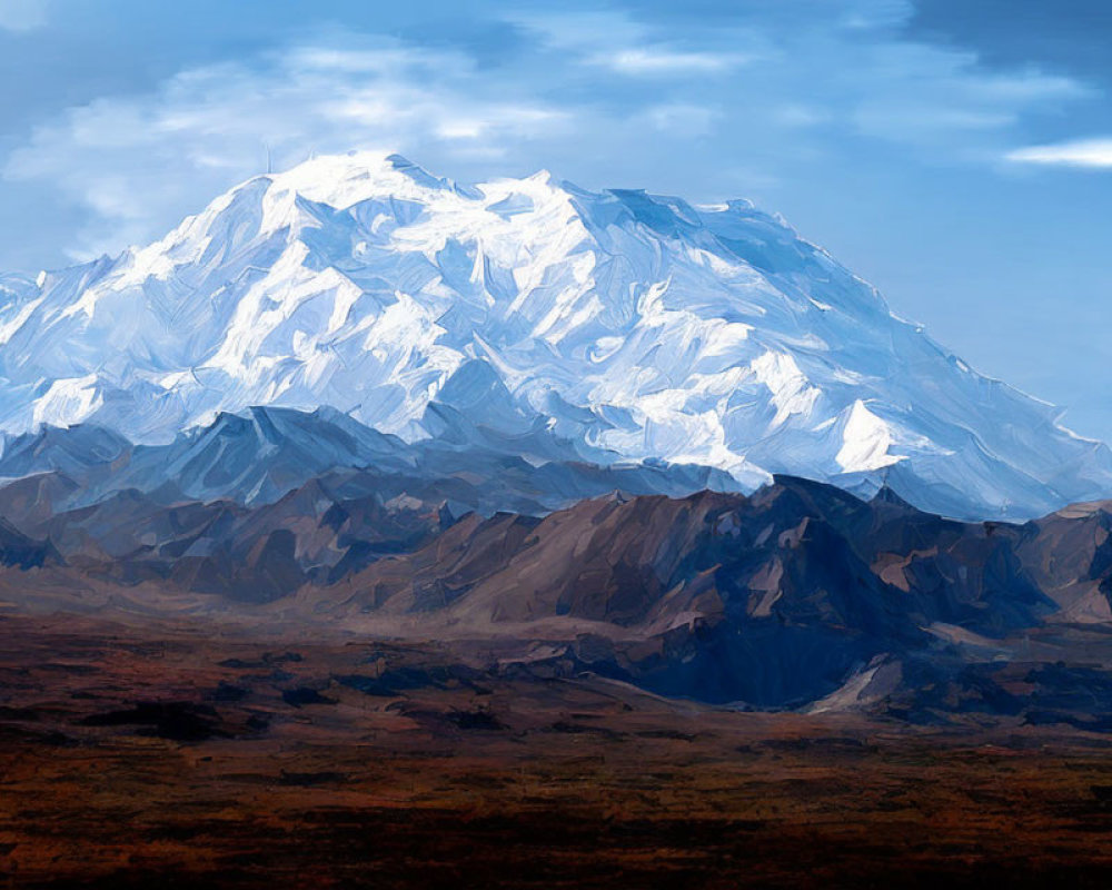 Snow-capped mountain and brown terrain under blue sky