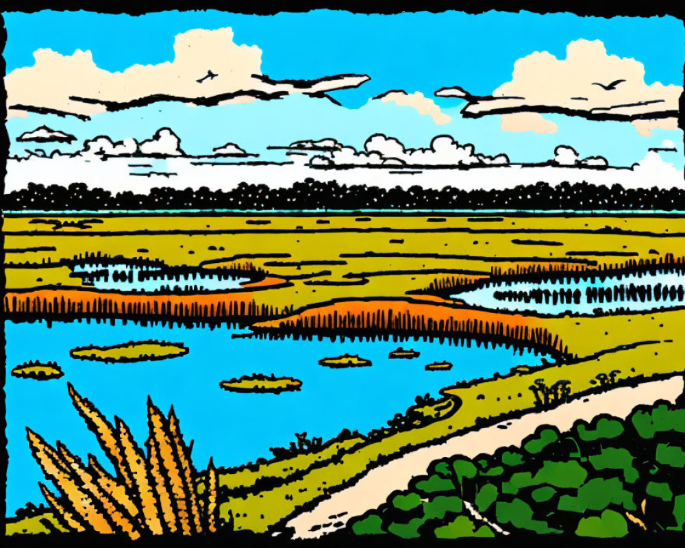 Vibrant countryside landscape with blue pond, greenery, yellow fields