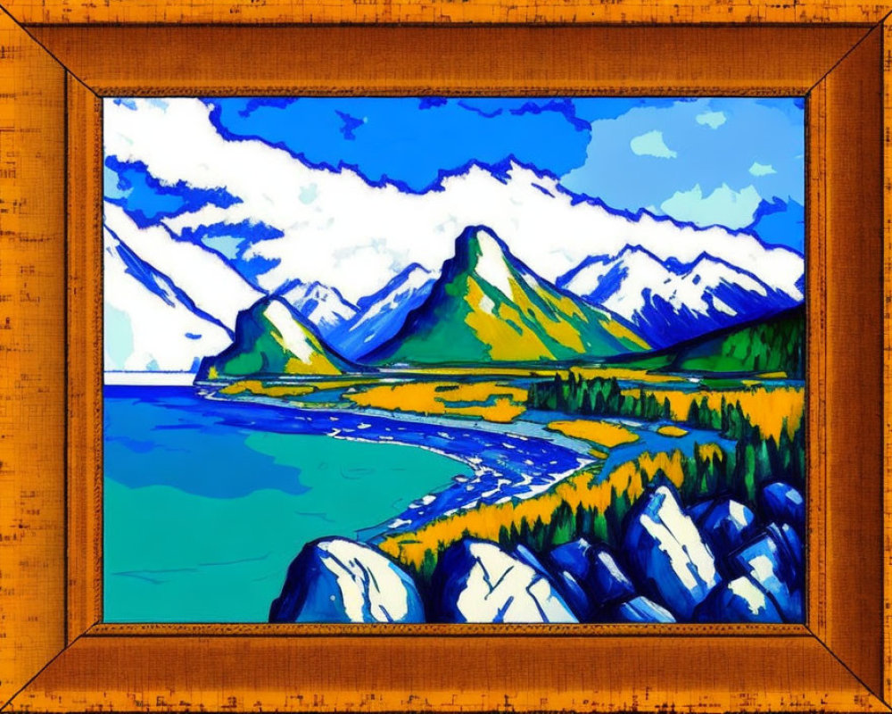 Mountainous lakeside landscape painting in wooden frame