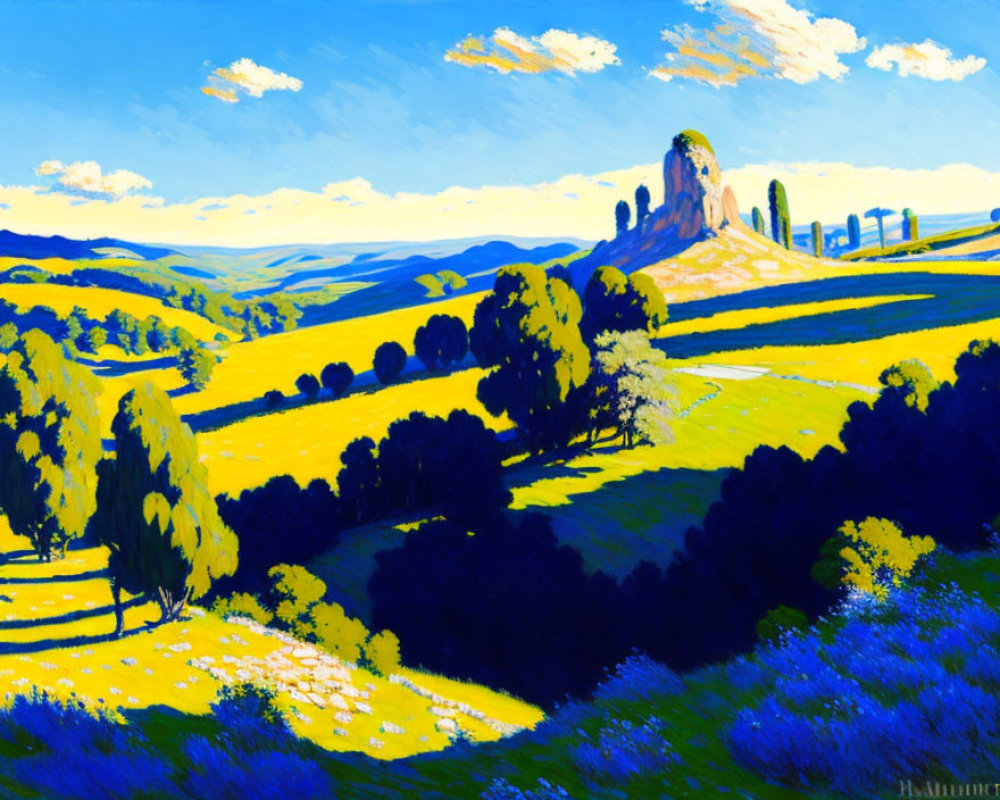 Colorful landscape painting with blue and yellow hues, featuring hills, trees, and rock formation.