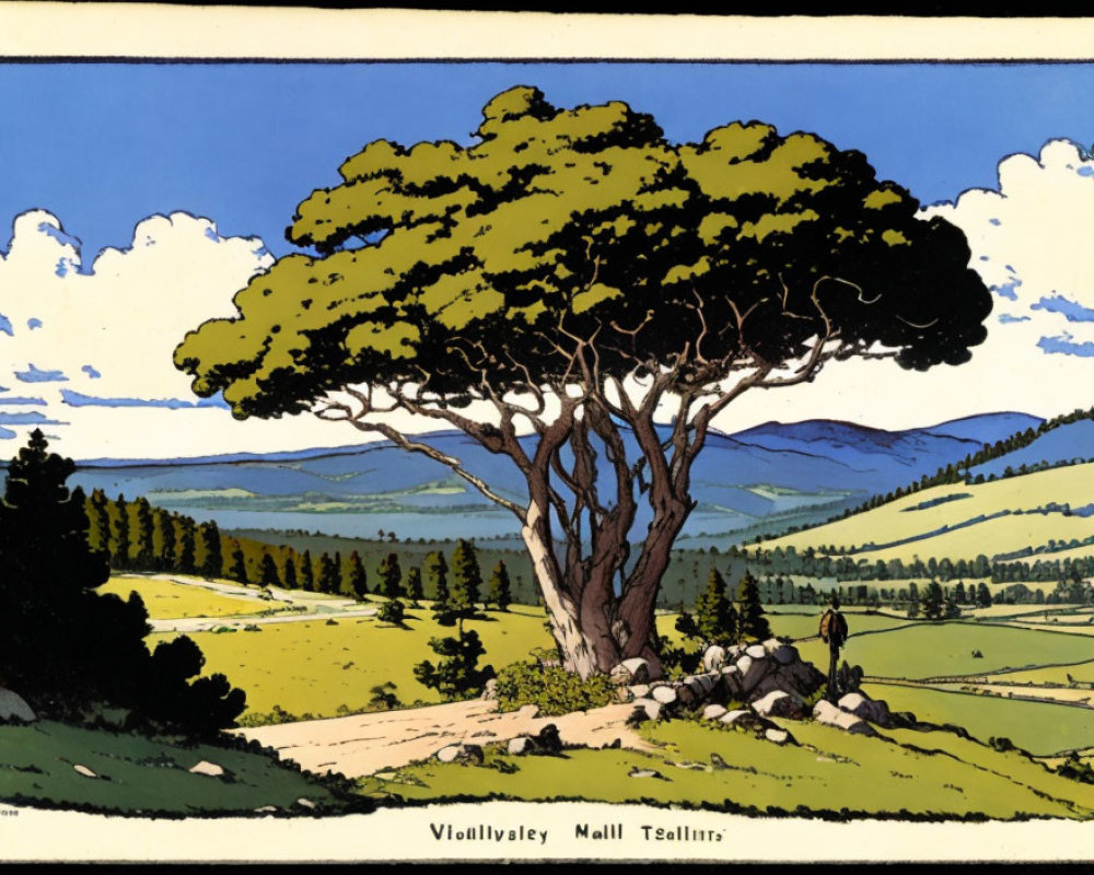 Stylized drawing of large tree on grassy plain with rolling hills and clear blue sky