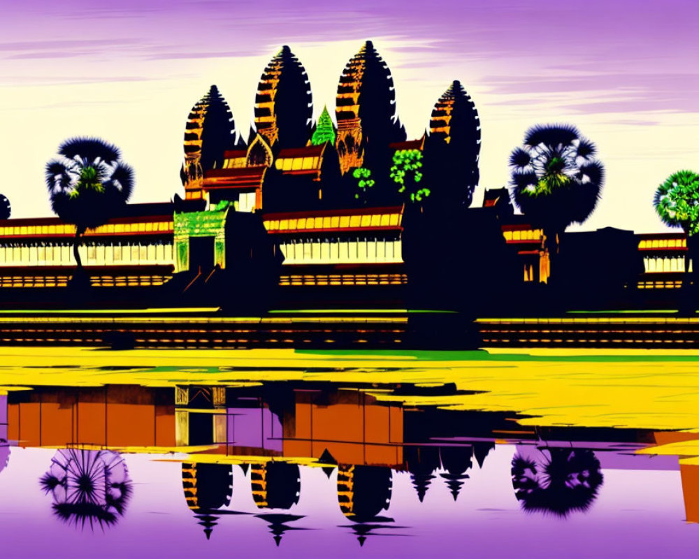 Colorful Silhouette of Angkor Wat with Water Reflection in Purple, Yellow, and Green Palette