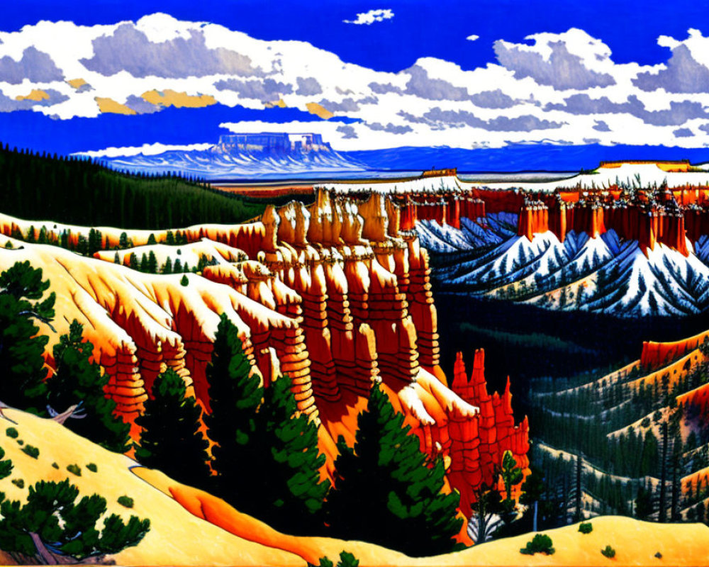 Colorful landscape with orange hoodoos, green trees, and snowy mountains under blue sky