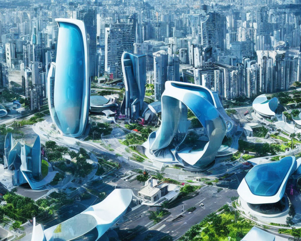 Sleek Futuristic Cityscape with Curvilinear Buildings and Greenery