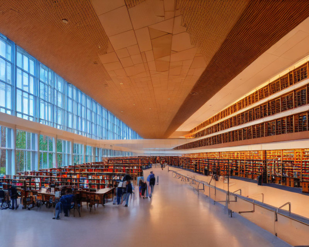 Modern library with large windows, wooden ceiling, and bookshelves, readers at desks