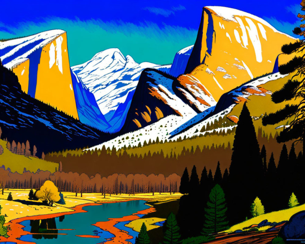 Vibrant Stylized Landscape with Mountains and River