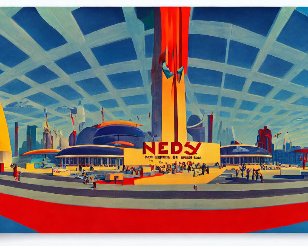 Colorful futuristic exposition with dome-like structures and vibrant banners.