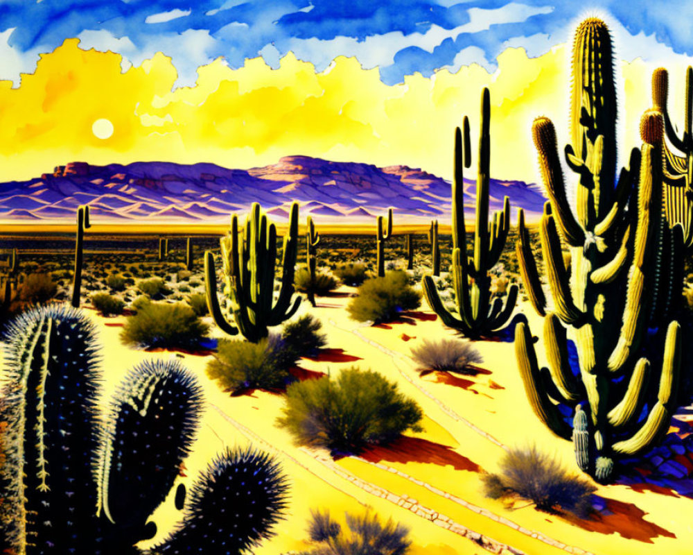 Desert landscape with cacti under yellow sky and setting sun