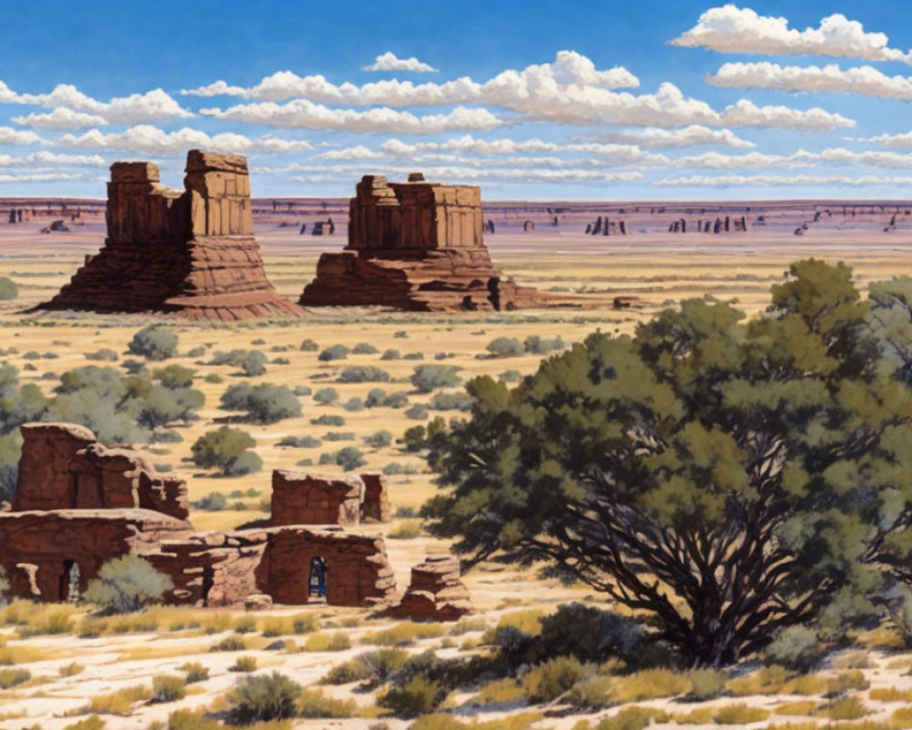 Desert landscape painting with rock formations and blue sky