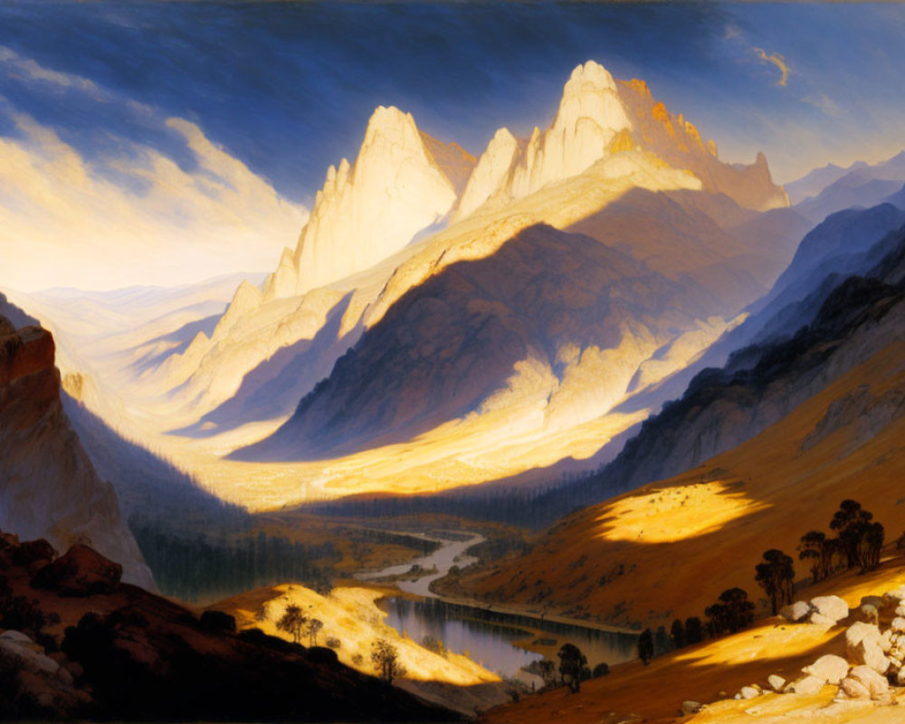 Sunlit mountain range with river and trees under vibrant sky