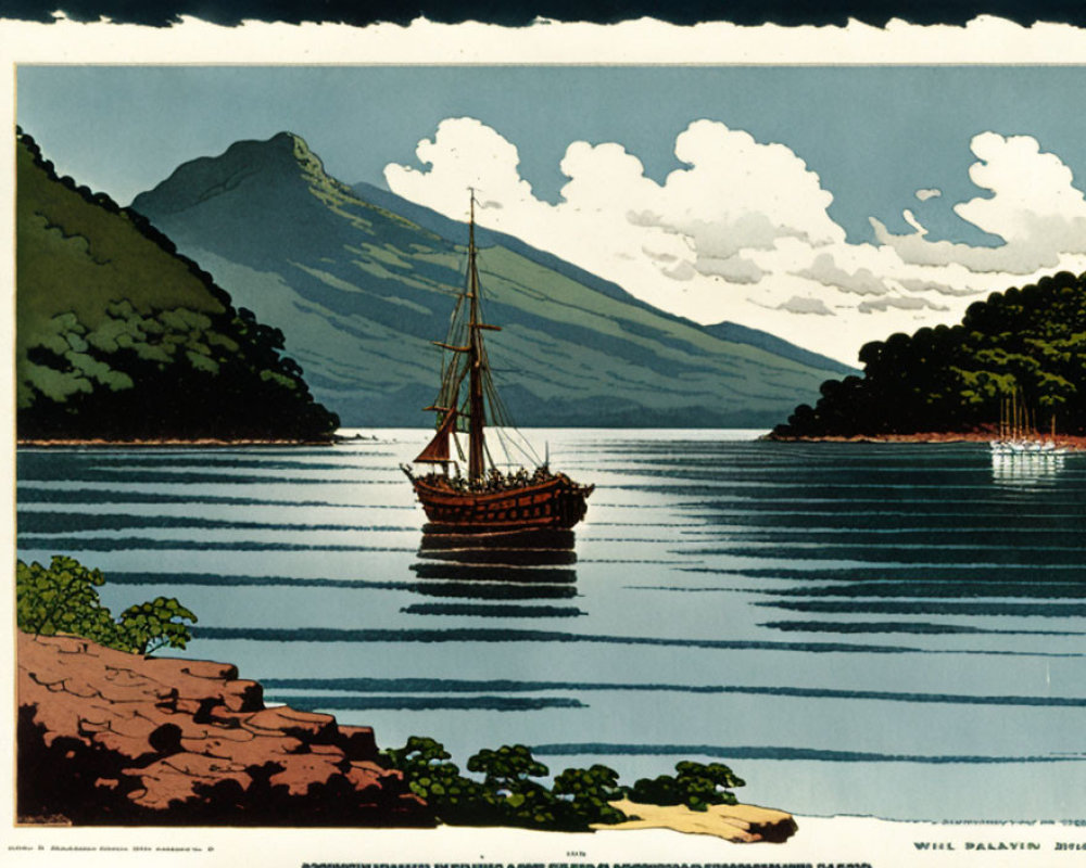 Vintage illustration of sailing ship near forested mountain on calm waters