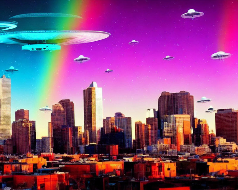 Vibrant city skyline with UFOs and rainbow beam